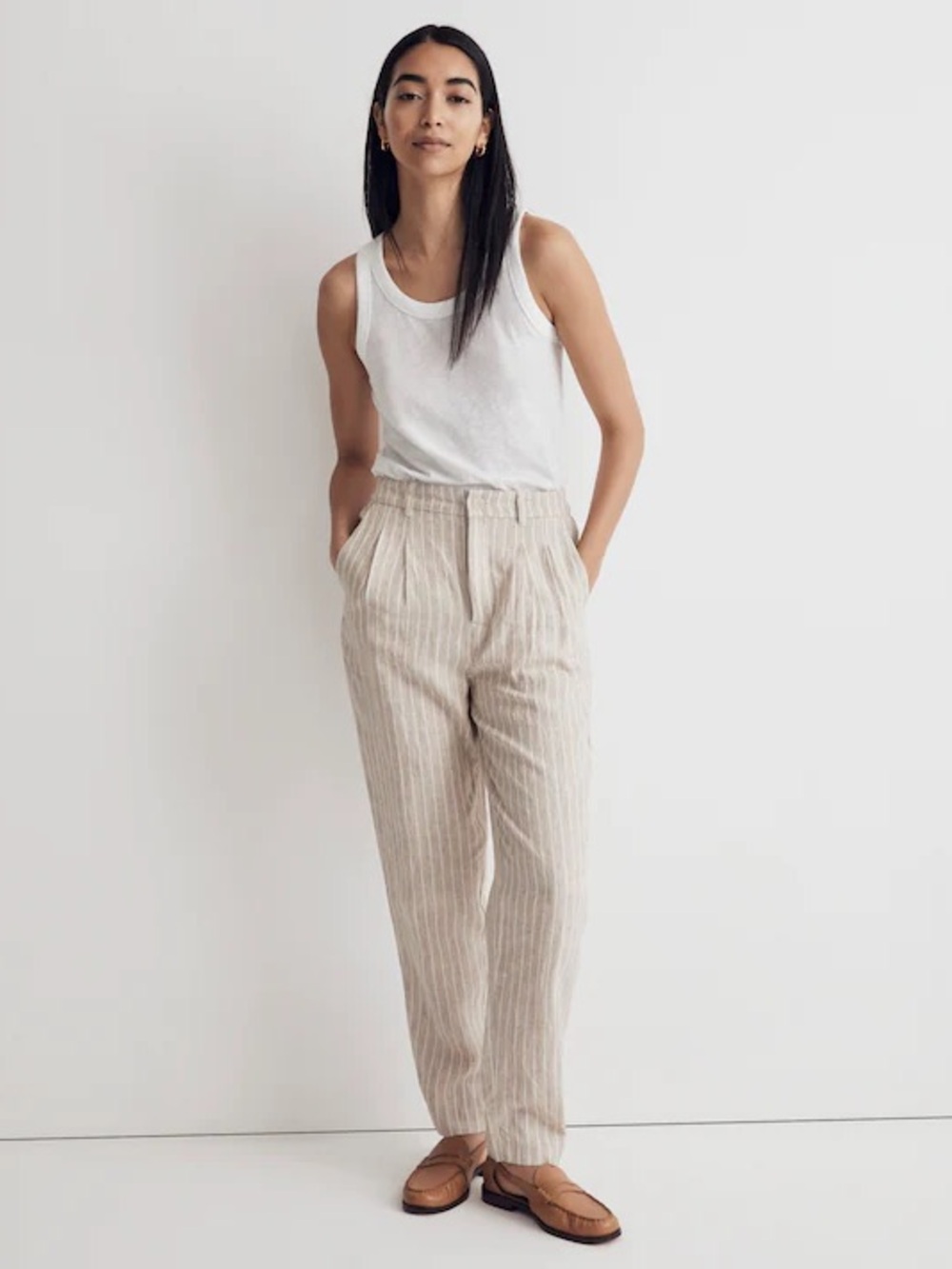 Madewell The Tailored Tapered Pant in Striped 100% Linen Size 2 Tall